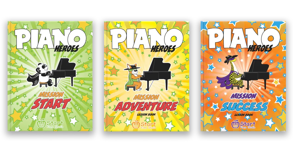 Piano Heroes method book covers: Mission Start, Mission Adventure, Mission Success.